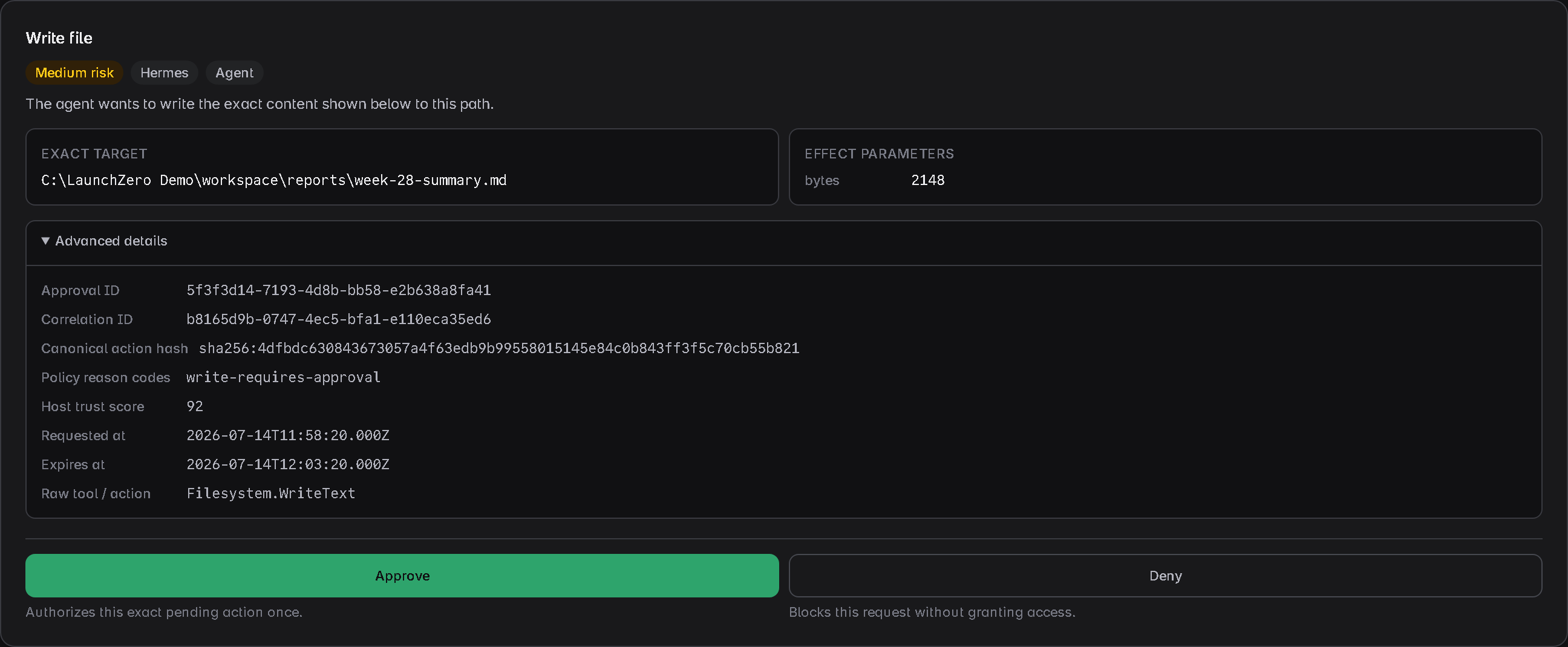 LaunchZero approval advanced details showing the approval ID, correlation ID, canonical action hash, policy reason, and host trust score