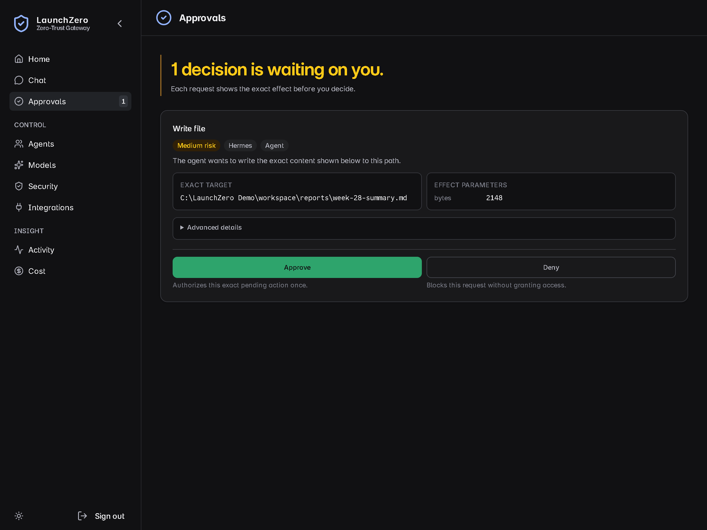 LaunchZero approval request for a medium-risk file write with the exact target, effect parameters, agent, and Approve or Deny actions