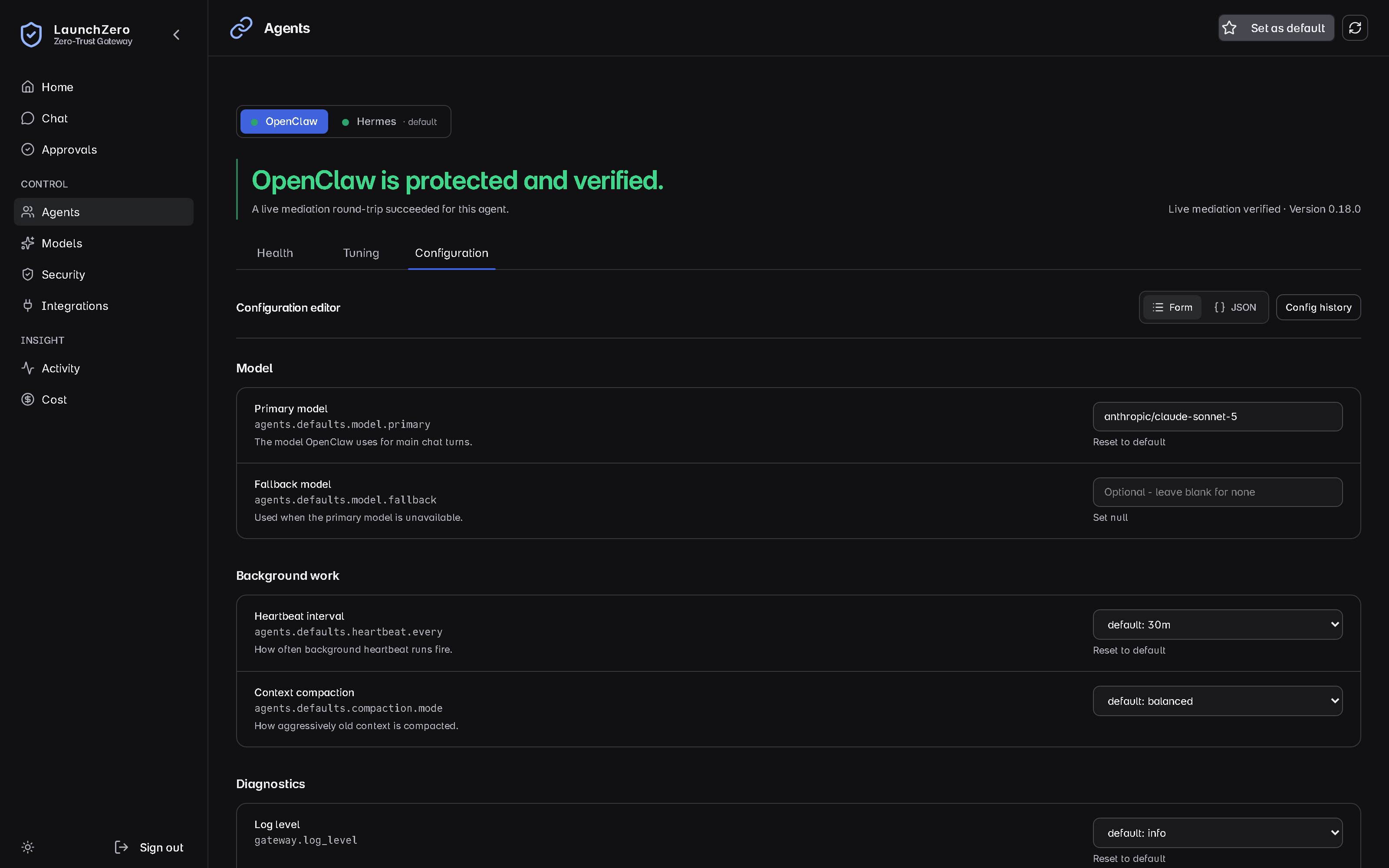 LaunchZero agent configuration form for common settings with a separate advanced editor option