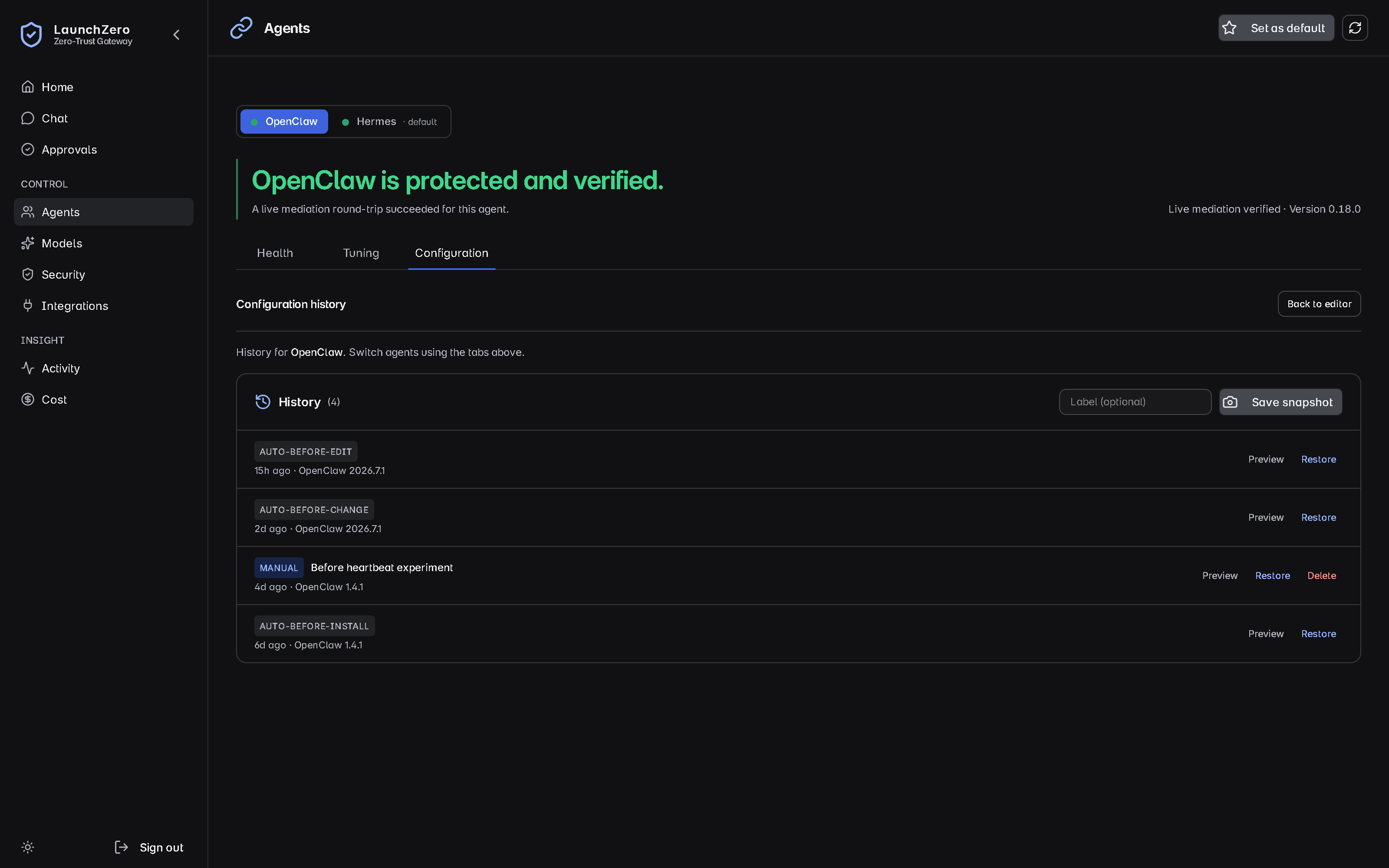 LaunchZero configuration history showing automatic and manual snapshots with restore actions