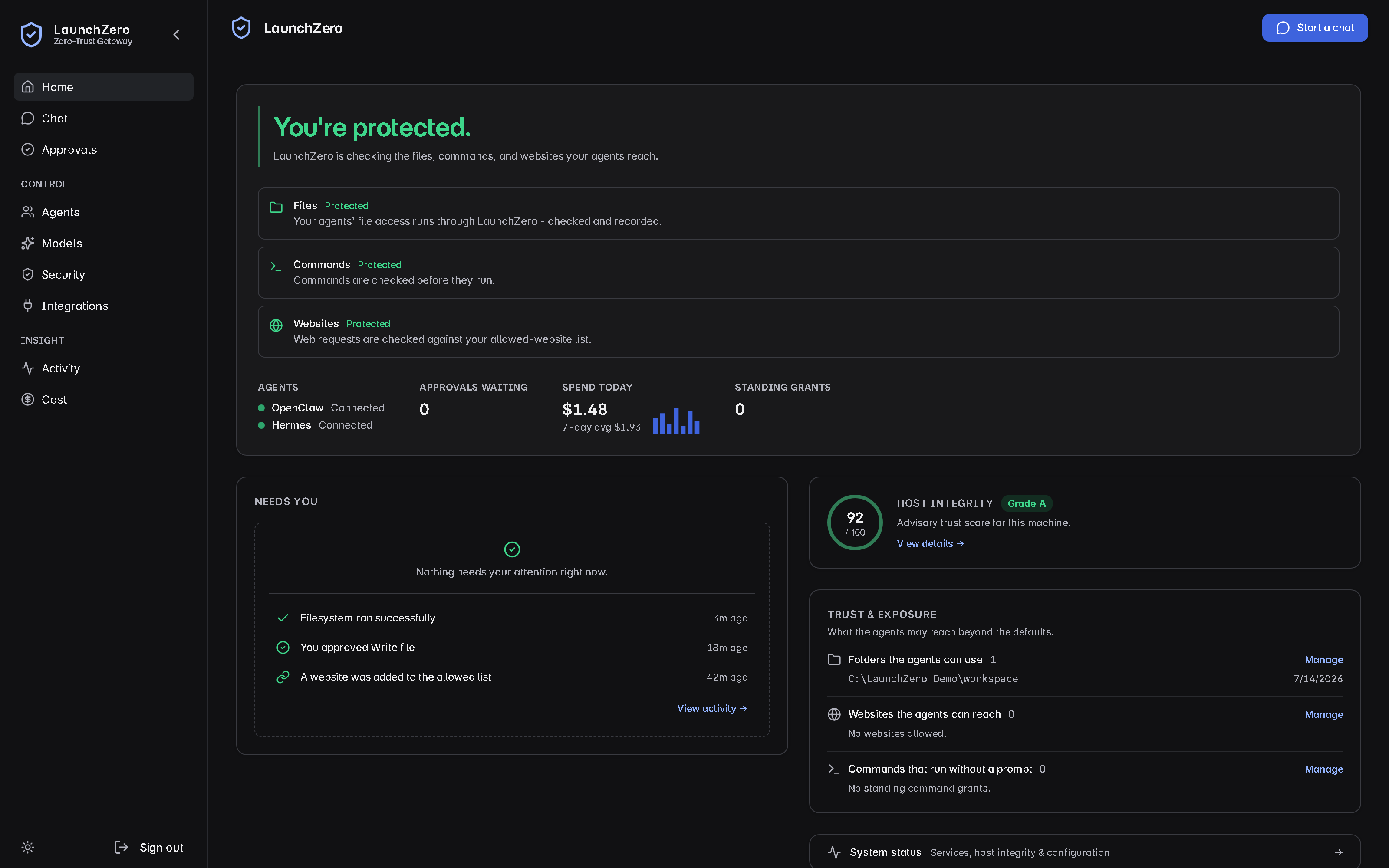 LaunchZero Home dashboard showing protected files, commands, and websites, OpenClaw and Hermes connected, no pending approvals, and host integrity status