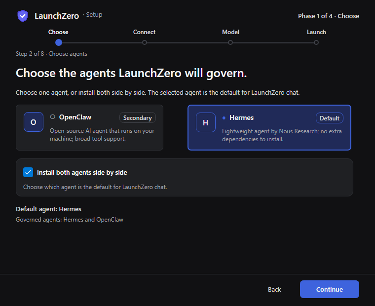 LaunchZero Choose phase, step 2 of 8, with OpenClaw, Hermes, and both agents selected