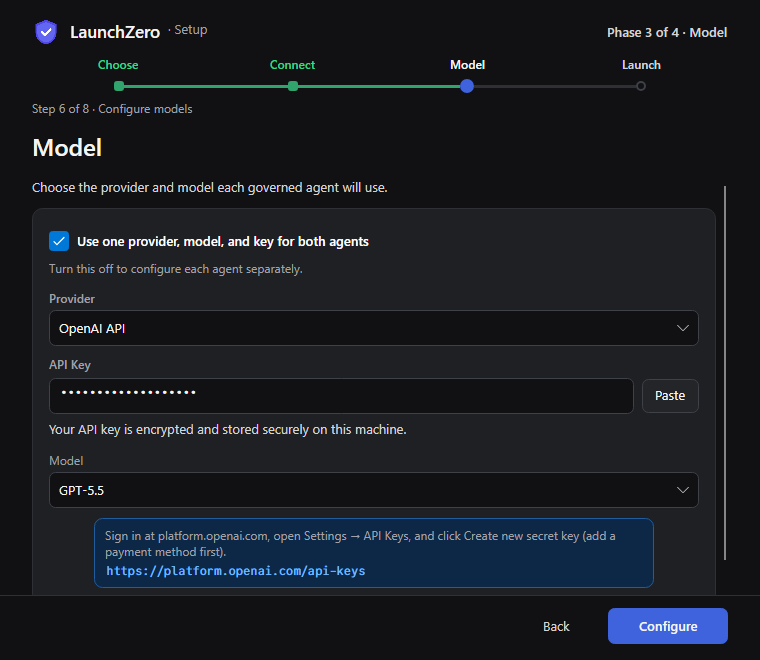 LaunchZero Model phase, step 6 of 8, with provider, encrypted API key, and model fields