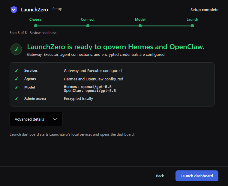 LaunchZero Launch phase, step 8 of 8, showing governed agents, local services, models, and encrypted admin access